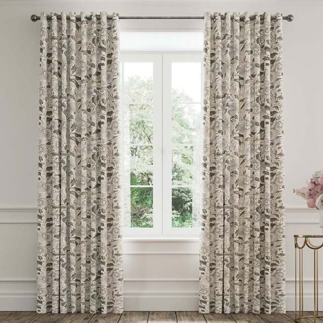 V&A Ornamental Bloom Linen and Grey Lined Blackout Pencil Pleat Curtains 168 x 183cm - Size: W 168 x D 183cm - Linen & Grey - Wilko - image 1