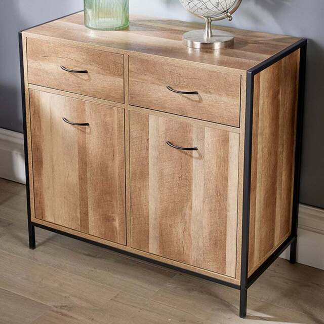 Home Source Oakmere 2 Door 2 Drawer Black and Oak Effect Industrial Sideboard - Size: 79 x 40 x 84cm - Brown - Wilko - image 1