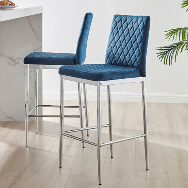 Furniturebox Modern Valera Navy Blue and Silver Velvet Bar Stool Set of 2 - Wilko - image 1