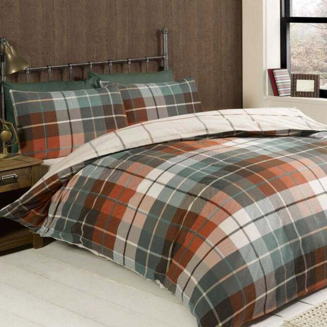 Rapport Home Lomond Check Flannellette King Size Terracotta Brushed Cotton Duvet Set - Orange - Wilko - image 1