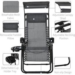 Outsunny Grey Zero Gravity Foldable Garden Recliner Chair with Canopy - Size: 1 Seater - Wilko - thumbnail 6
