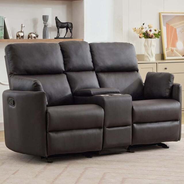 Artemis Home Hudson 2 Seater Brown Leather Rocker Manual Recliner Sofa with Centre Console - Wilko - image 1