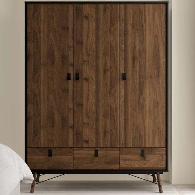 Florence Ry 3 Door 3 Drawer Matt Black and Walnut Wardrobe - Size: 3 Door, 3 Drawer - Furniture To Go - Wilko - image 1
