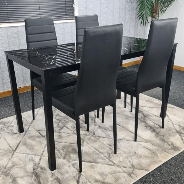 Portland 4 Seater Faux Leather Marble Effect Tabletop Dining Set Black - Wilko - image 1