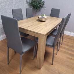 Kosy Koala 6 Seater Faux Leather Dining Set Oak Effect and Grey - Multi - Portland - Wilko