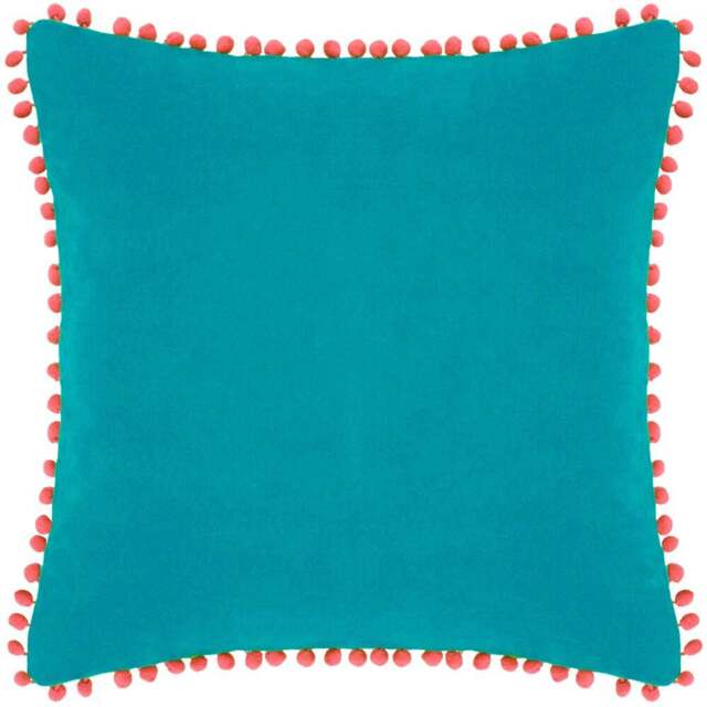 Paoletti Teal and Coral Velvet Touch Pom Pom Cushion - Size: 45 x 45 cm - Multi - Wilko - image 1