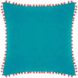 Paoletti Teal and Coral Velvet Touch Pom Pom Cushion - Size: 45 x 45 cm - Multi - Wilko