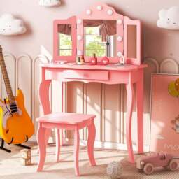 Costway Kids Pink Vanity Table and Stool Set with Tri Folding Mirror - Size: 80 x 43 x 26cm - Wilko - thumbnail 1