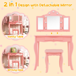 Costway Kids Pink Vanity Table and Stool Set with Tri Folding Mirror - Size: 80 x 43 x 26cm - Wilko - thumbnail 7