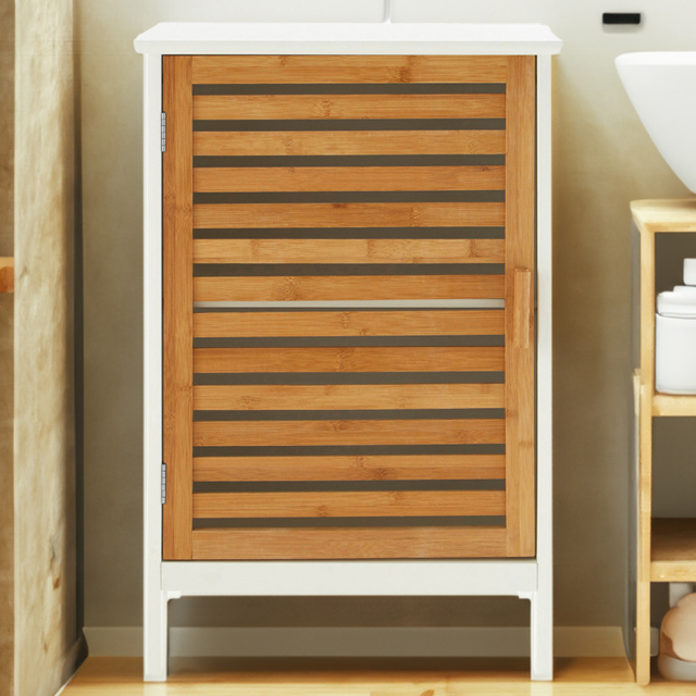 Premier Housewares Single Door White and Bamboo Small Floor Cabinet - Size: 45 x 30 x 68cm - Wilko - image 1