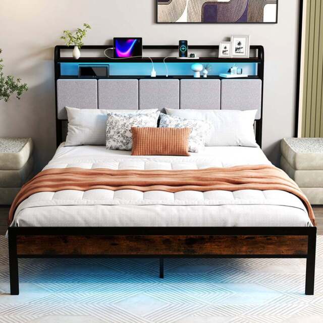 Costway King Size Bed Frame with LED Light and Charging Station-King Size - Brown - Wilko - image 1
