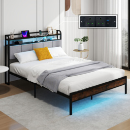 Costway King Size Bed Frame with LED Light and Charging Station-King Size - Brown - Wilko - thumbnail 4
