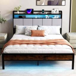 Costway King Size Bed Frame with LED Light and Charging Station-King Size - Brown - Wilko