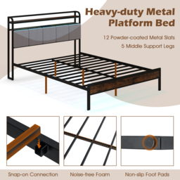 Costway King Size Bed Frame with LED Light and Charging Station-King Size - Brown - Wilko - thumbnail 5