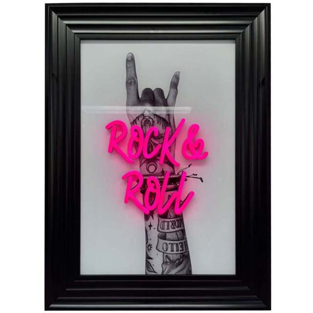 Splashbax Rock And Roll Black Premium Gallery Frame LED Neon Wall Art - Size: 105 x 75 x 7cm - Multi - Wilko - image 1