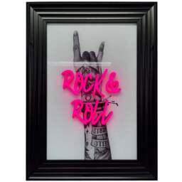 Splashbax Rock And Roll Black Premium Gallery Frame LED Neon Wall Art - Size: 105 x 75 x 7cm - Multi - Wilko