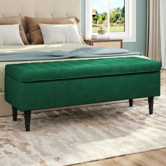 H&O Direct Velvet Upholstered Storage Bench - Size: 46 x 126 x 44cm - Green - Wilko - image 1