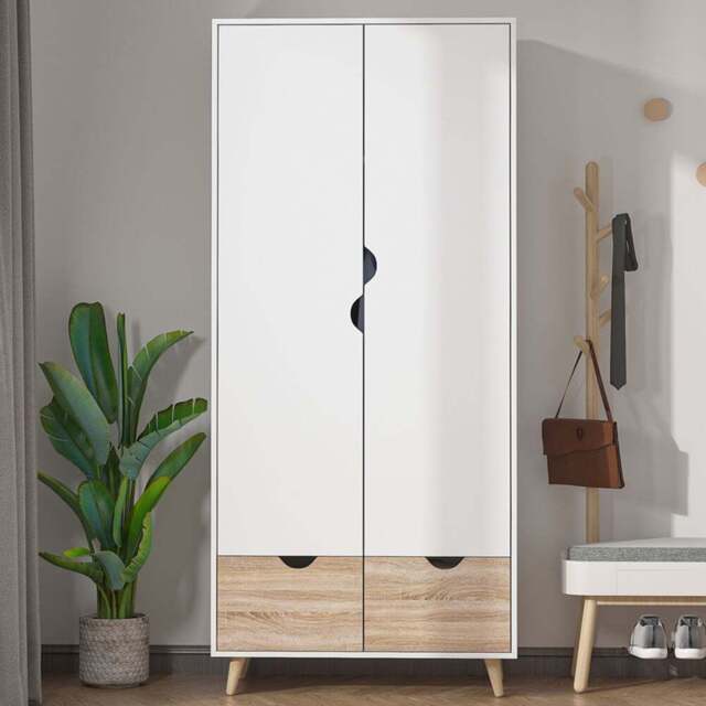 Portland 2 Door 2 Drawer White Wooden Wardrobe with Rail - Size: 2 Door, 2 Drawer - Wilko - image 1