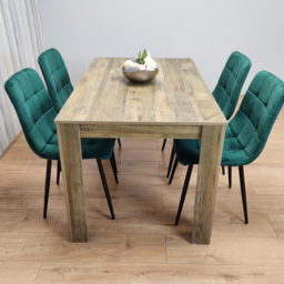 Portland 4 Seater Dining Set Rustic Effect and Green Velvet - Multi - Wilko