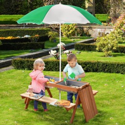 Outsunny Kids Brown Picnic Table with Bench and Umbrella - Size: 16.5 x 100 x 49cm - Tommy Toys - Wilko