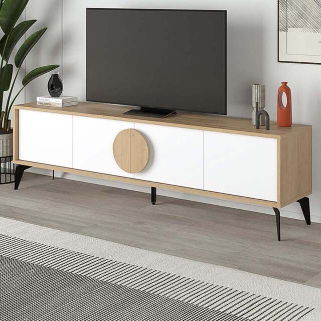 Decortie Gora 4 Door Oak and White TV Unit with Circle Handle - Size: 50.8 x 180 x 35.7cm - Multi - Wilko - image 1