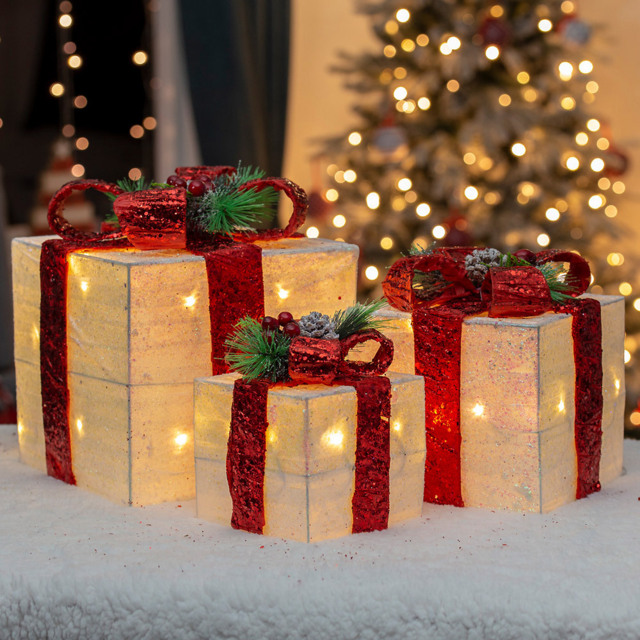 The Christmas Workshop Set Of 3 LED White Light Up Gift Box with Red Bow - Wilko - image 1