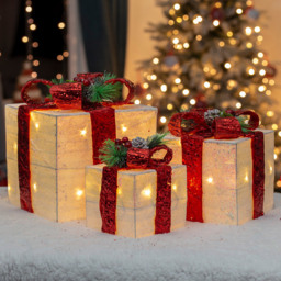 The Christmas Workshop Set Of 3 LED White Light Up Gift Box with Red Bow - Wilko
