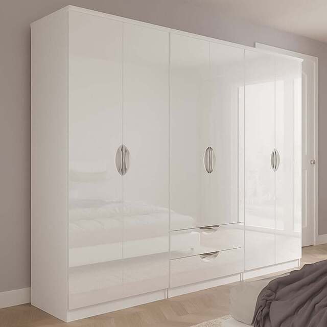 Crowndale Camden 6 Door 2 Drawer White Gloss and White Wardrobe Ready Assembled - White Gloss & White - Wilko - image 1