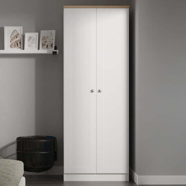 Crowndale Sussex 2 Door White Ash and Bardolino Oak Tall Wardrobe Ready Assembled - White Ash & Bardolino Oak - Wilko - image 1