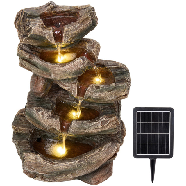 Living and Home 5-Tier Resin Log Wood and Rock Effect Solar LED Water Feature - Size: 46.5 x 29 x 20cm - Brown - Wilko - image 1