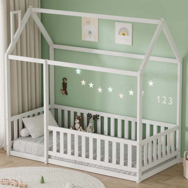 FurnitureHMD White Pine Wood House-Shaped Kids Bed Frame - Size: Single - Wilko - image 1