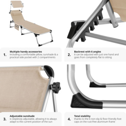 tectake Lorella Beige Aluminium Frame Foldable Sun Lounger - Size: 1 Seater - Cream - Wilko - thumbnail 7