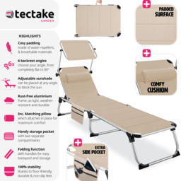 tectake Lorella Beige Aluminium Frame Foldable Sun Lounger - Size: 1 Seater - Cream - Wilko - thumbnail 6