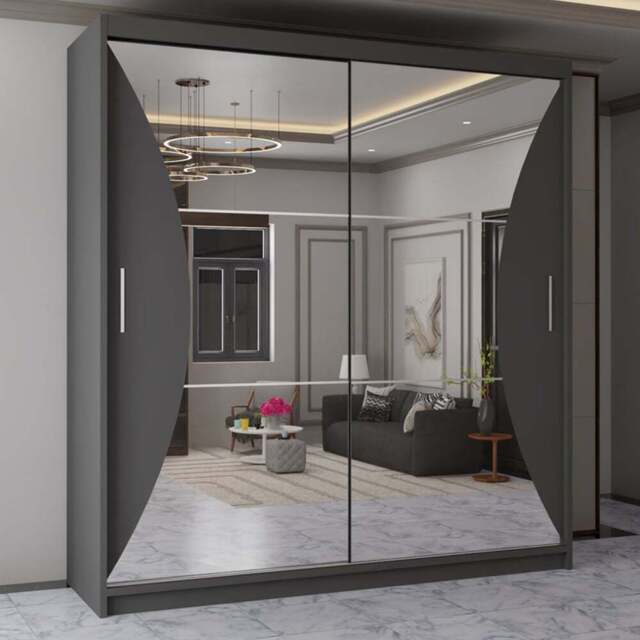 Sliding Wardrobes 4U California 2 Door Grey Curved Mirrored Wardrobe 150cm - Wilko - image 1