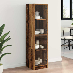 vidaXL 2 Glass Door 4 Shelf Old Wood Slim Highboard - Size: 142 x 35 x 37cm - Brown - Wilko - thumbnail 1