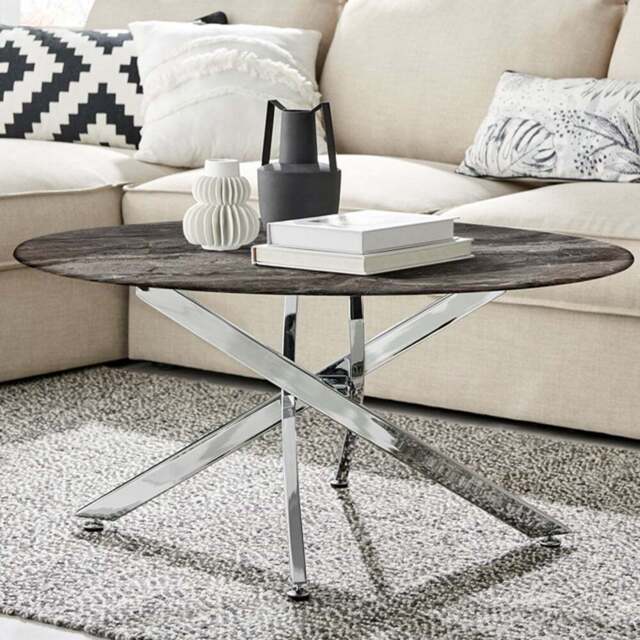 Furniturebox Arona Round Marble Effect Glass Coffee Table with Silver Legs - Size: 90 x 90 x 45cm - Grey - Wilko - image 1