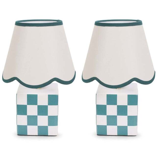 ValueLights Evie Set of 2 Sage Green Trim Linen Scallop Shade Cube Checkered Ceramic LED Table Lamp - Size: 34.5 x 14 x 14cm - Wilko - image 1