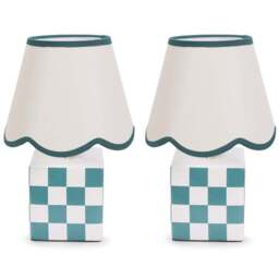 ValueLights Evie Set of 2 Sage Green Trim Linen Scallop Shade Cube Checkered Ceramic LED Table Lamp - Size: 34.5 x 14 x 14cm - Wilko