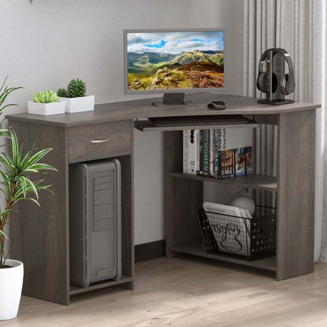 Portland 2 Shelf L-Shaped Corner Computer Desk Grey - Size: 120 x 70 x 75cm - Wilko - image 1