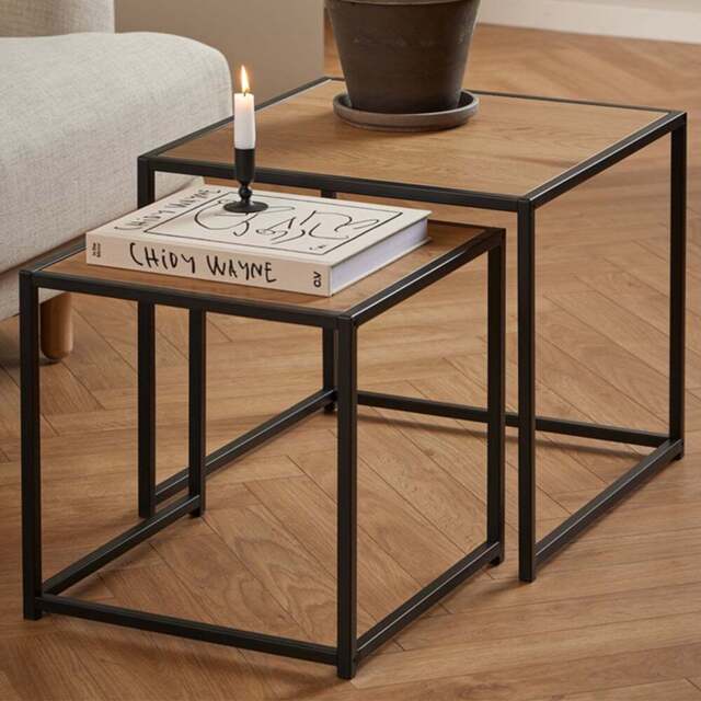 Furniture To Go Seaford Black Metal Nest of Tables with Oak Top - Wilko - image 1