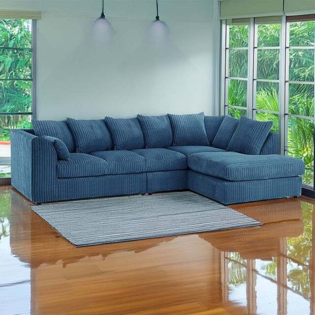 Luxor 4 Seater Marine Blue Jumbo Cord Right Hand Facing Scatter Back L Shaped Corner Sofa Set - Wilko - image 1