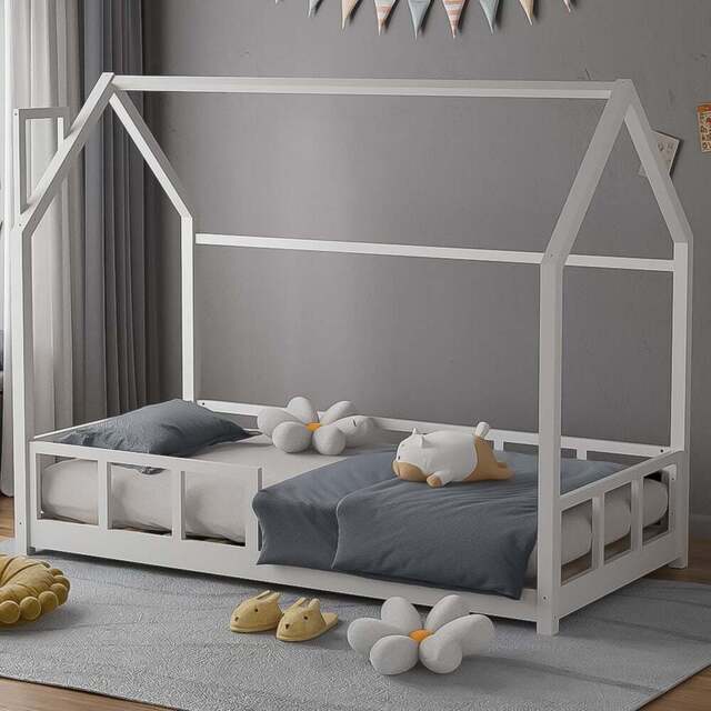 Living and Home Kids Pine Wood House Bed Frame - Size: Single - White - Wilko - image 1