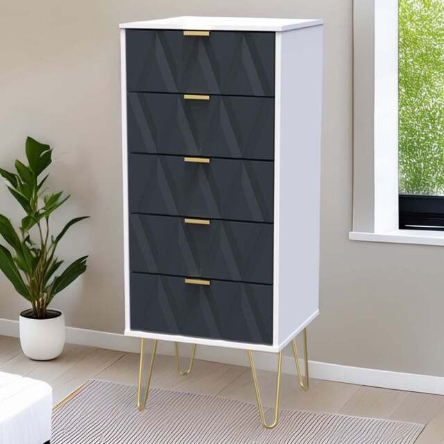Crowndale Diamond 5 Drawer Indigo Matt and White Tall Bedside Cabinet Ready Assembled - Indigo Matt & White - Wilko - image 1