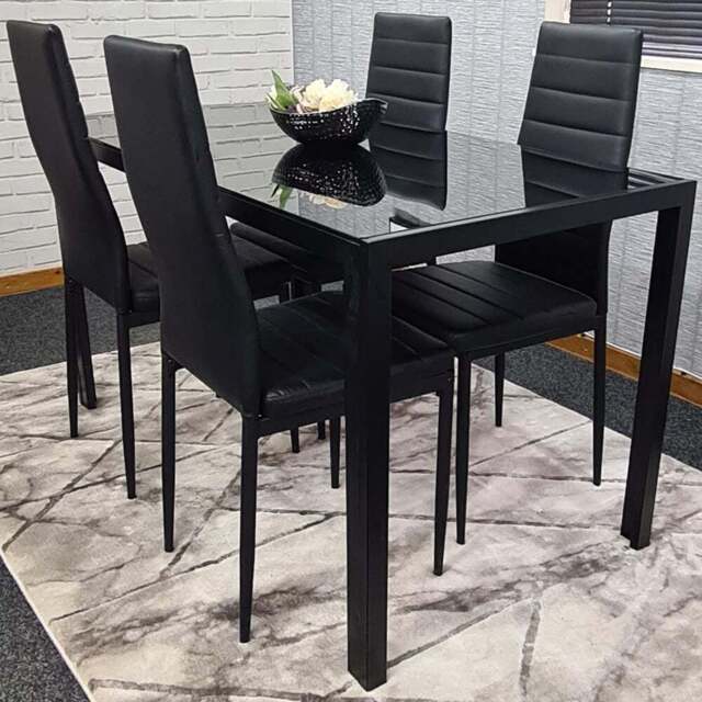 Kosy Koala 4 Seater Glass and Faux Leather Dining Set Black - Size: 96 x 40 x 40cm - Portland - Wilko - image 1