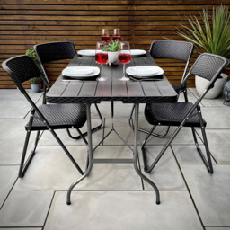 Garden Gear 4 Seater Rattan and Wood Effect Folding Plastic Dining Set Black - Wilko