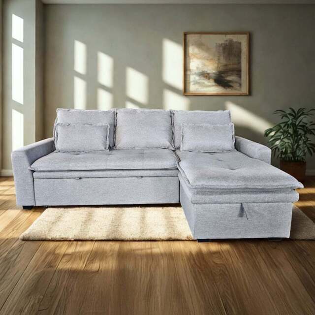DS Living Lucca 3 Seater Silver Fabric L-Shape Pull Out Corner Sofa Bed with Storage - Wilko - image 1