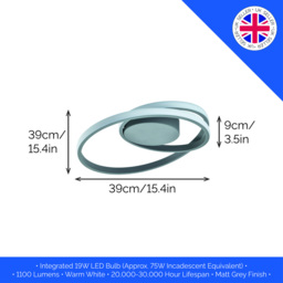 Happy Homewares Single Loop Strip Matt Grey Flush LED Powered Ceiling Light - Size: 9 x 39 x 39cm - Wilko - thumbnail 7
