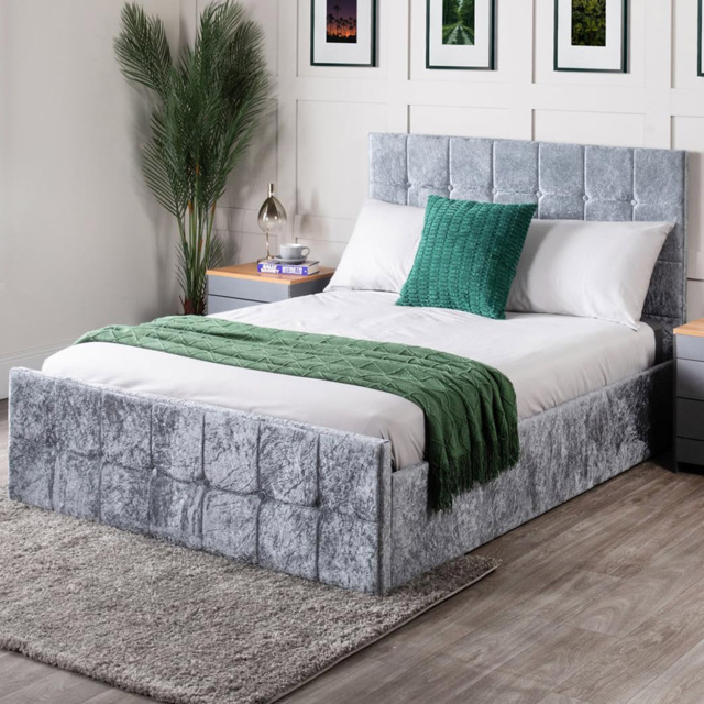 Home Treats Single Grey Crushed Velvet Ottoman Storage Bed - Silver - Wilko