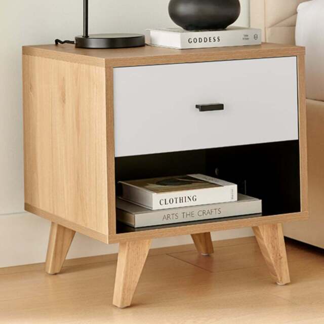 Furniturebox Billet Single Drawer Single Shelf Off White and Wood Effect Bedside Table - Wilko - image 1