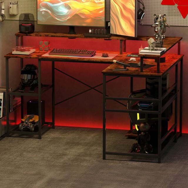 HOMCOM L-Shap LED Gaming Desk with Power Outlets - Size: 90.0 cm x 102.0 cm x 150.0 cmcm - Brown - Wilko - image 1